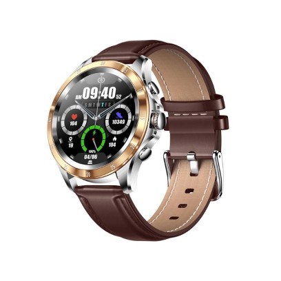 smartwatch SQ22, ασημί κάσα, χρυσή στεφάνη ταχυμέτρου και καφέ δερμάτινο λουράκι 203065012
