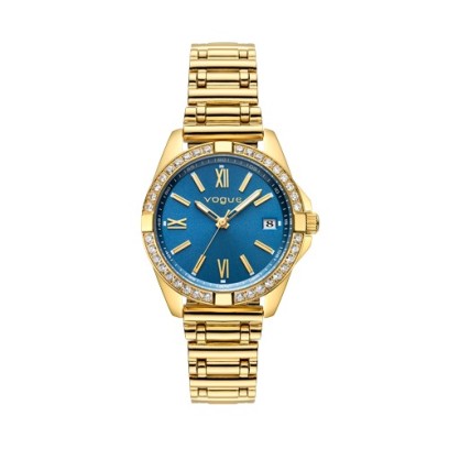 Liz γυναικείο ρολόι,με χρυσό μπρασελέ επιμετάλλωσης 18Κ και μπλε καντράν, λαμπερά λευκά ζιργκόν, Vogue