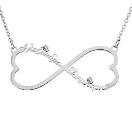 Sterling Silver Heart Shape Infinity Necklace With Names And Two Zirconia (Font 5)