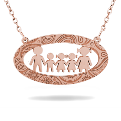 Family Necklace In Oval Frame With Paisley Pattern