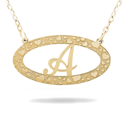 Oval Horizontal Frame Necklace With Initial And Hearts Pattern