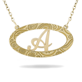 Oval Horizontal Frame Necklace With Initial And Paisley Pattern